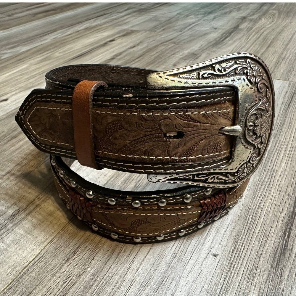 Wrangler Mens Brown Full Grain Leather Western Belt Tooled Studded Size 32